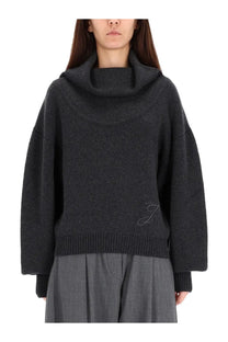 JACQUEMUS women’s dark gray cowl-neck knit sweater with subtle embroidered logo on lower left side in jersey ball grey