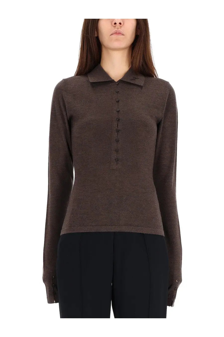 Jacquemus women’s knitted polo brown long-sleeved dark brown knit shirt with classic collar and button-down front