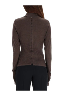 Back view of jacquemus women’s knitted polo brown long-sleeved sweater with subtle texture and dark buttons