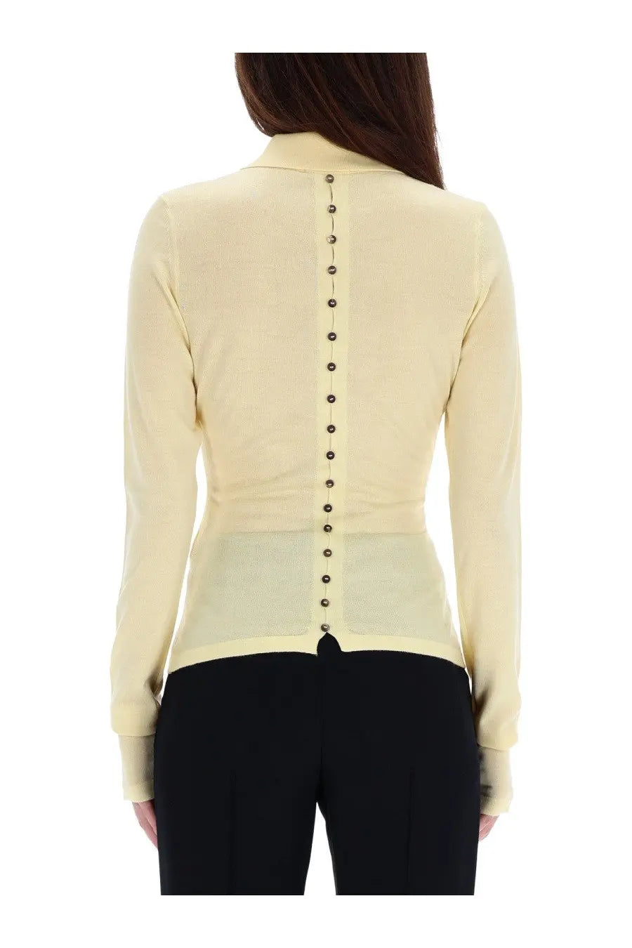 Jacquemus women’s knitted polo yellow pale yellow long-sleeved knit cardigan with button closure and sheer waist panel