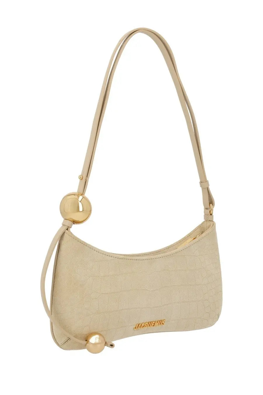 Beige crocodile-textured leather shoulder bag with gold-tone spherical hardware by Jacquemus women’s La Borsa Bisou Perle