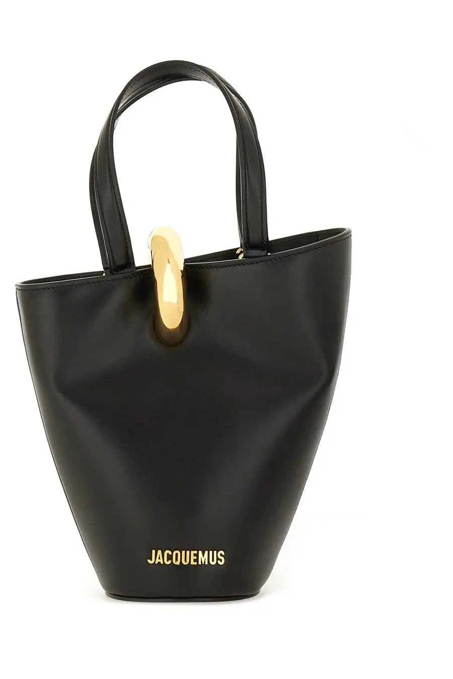Black leather jacquemus la petite poupee bucket bag with gold-tone handle clasp for women