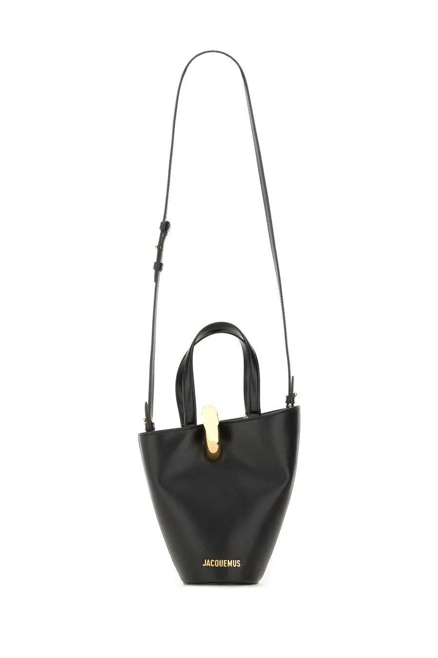 Black leather bucket bag with gold-tone clasp and jacquemus embossed in gold at the base