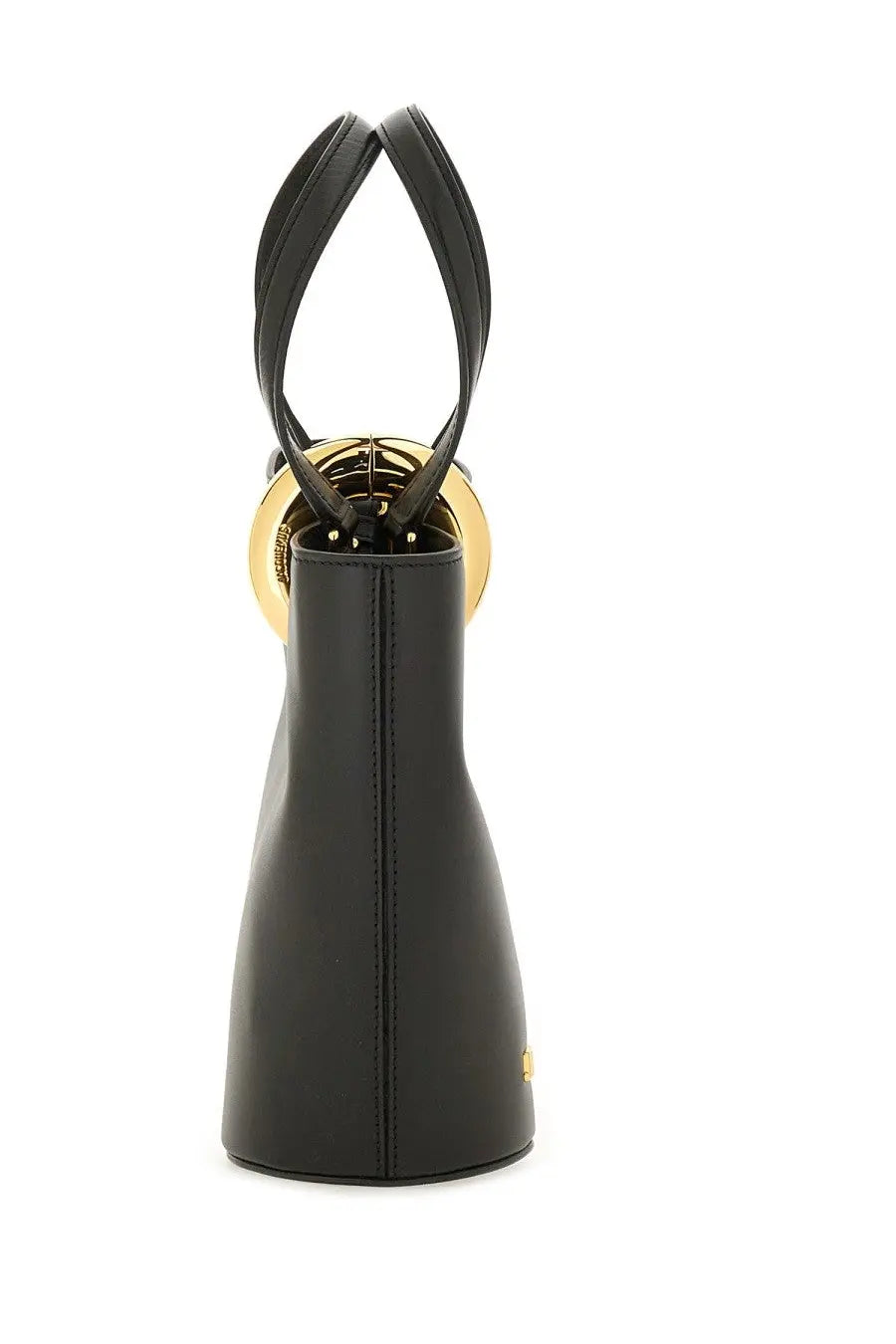 Jacquemus women’s la petite poupee black leather handbag with gold-tone circular hardware and twisted handles