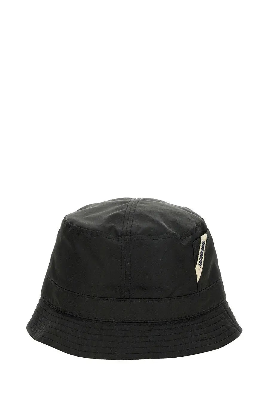 Jacquemus women’s le bob ovalie black bucket hat with subtle sheen and cream-colored label on the side