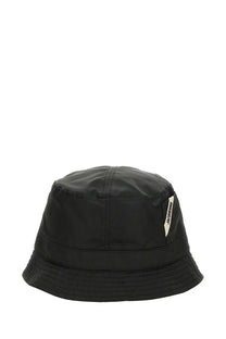 Jacquemus women’s le bob ovalie black bucket hat with subtle sheen and cream-colored label on the side