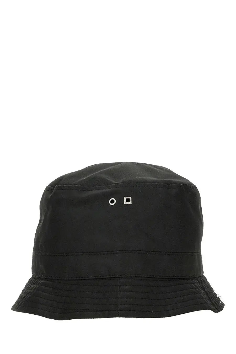 Jacquemus women’s le bob ovalie black bucket hat with subtle textured fabric and silver metal accents on front