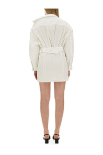 Jacquemus women’s white mini shirt dress with structured collar long sleeves and white belt
