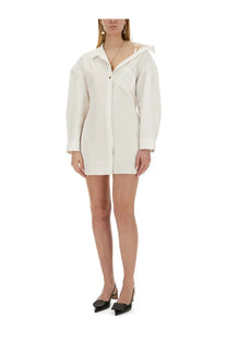 Jacquemus women’s white oversized button-up shirt dress with single-breasted front and one-shoulder design