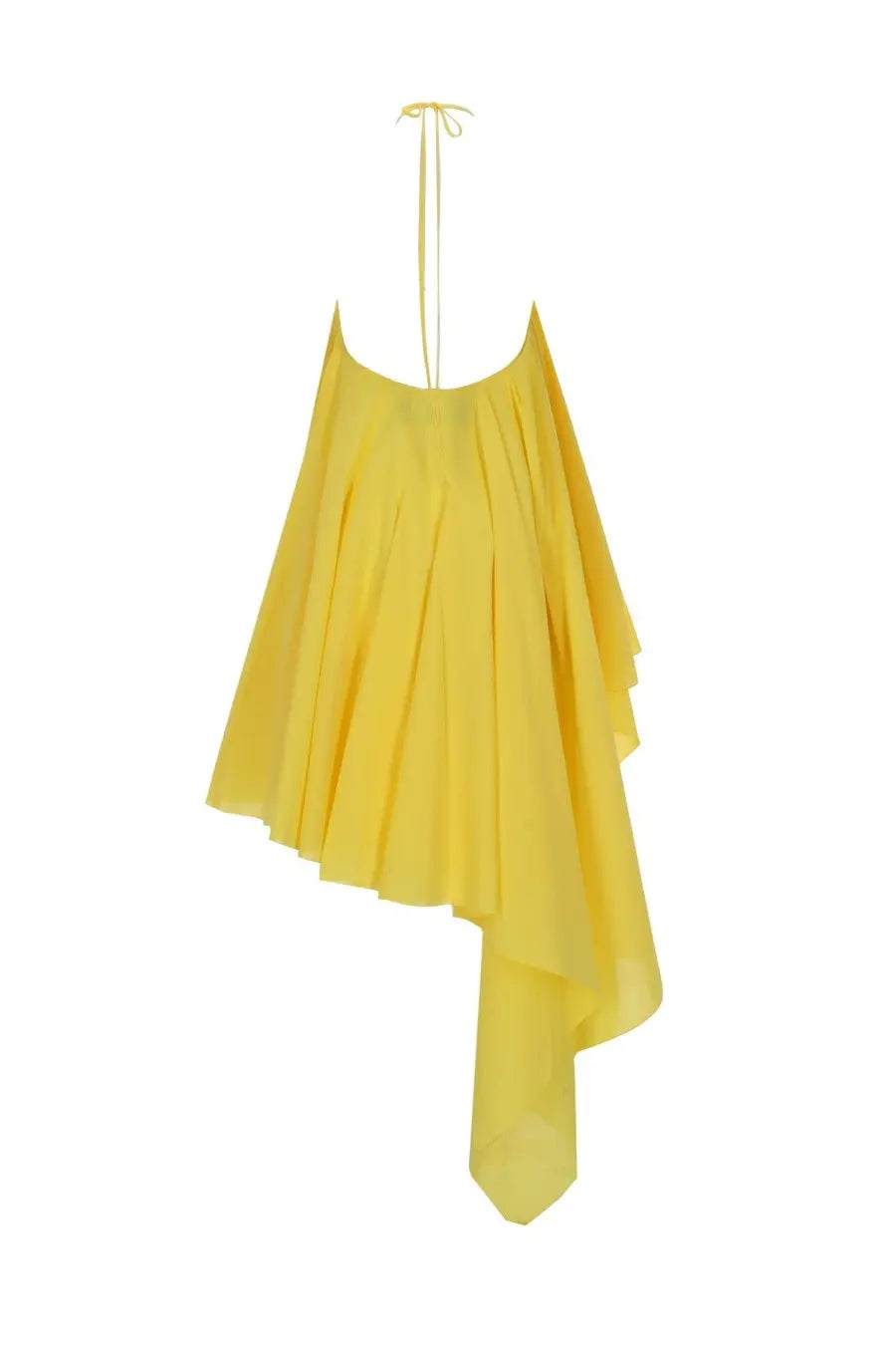 Jacquemus women’s mini triangle dress yellow featuring a vibrant yellow asymmetrical chiffon halter top with tie-back detail