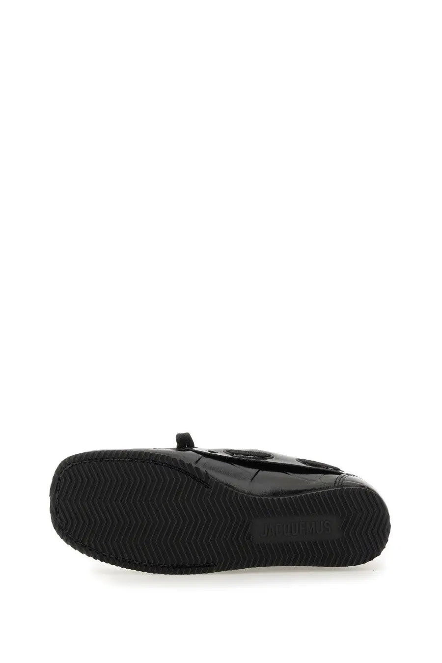 Jacquemus women’s Batto black moccasin slip-on with glossy black patent leather and textured rubber sole