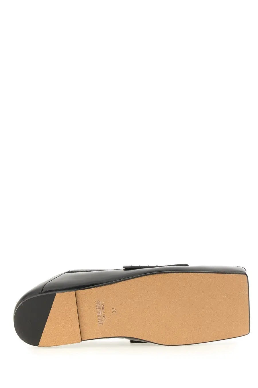 Back side of jacquemus women’s black leather moccasin carre loafer with tan rubber sole and michael kors embossed heel