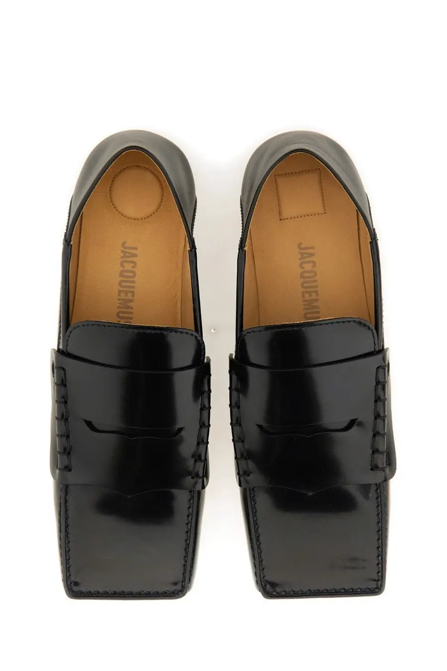 Jacquemus women’s moccasin carre black patent leather loafers with glossy finish and stitched detailing