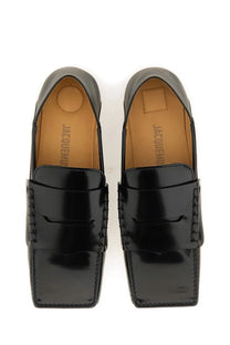 Jacquemus women’s moccasin carre black patent leather loafers with glossy finish and stitched detailing