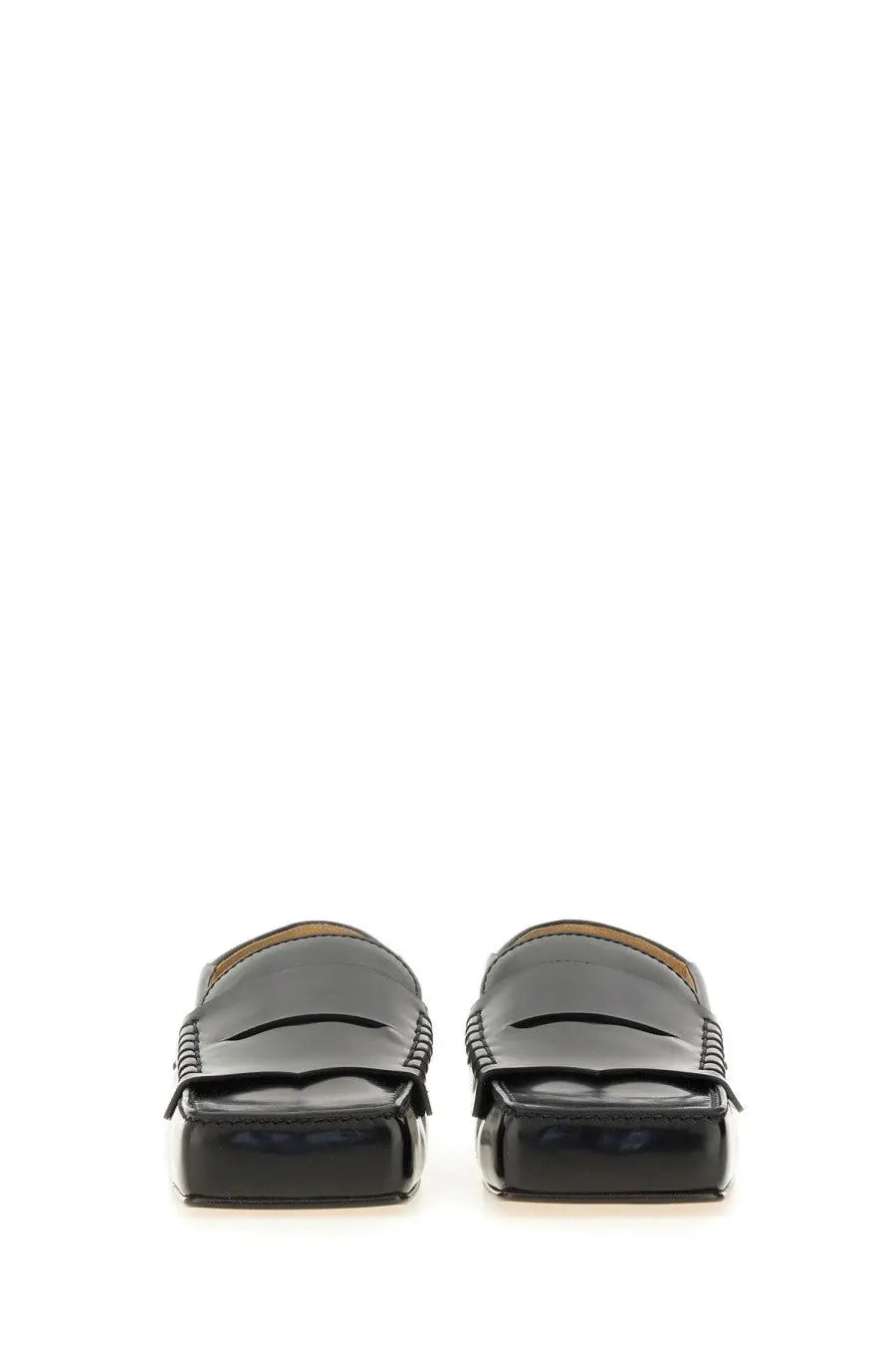 Jacquemus women’s moccasin carre black patent leather loafers with glossy finish and braided side detailing