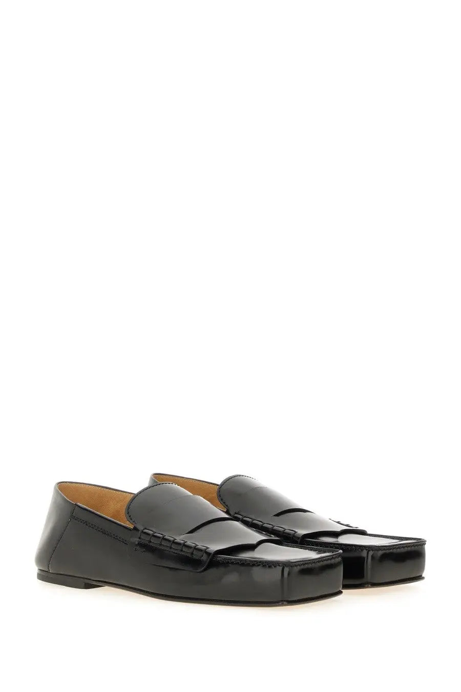 Jacquemus women’s moccasin carre black patent leather loafers with sleek glossy finish and classic stitching