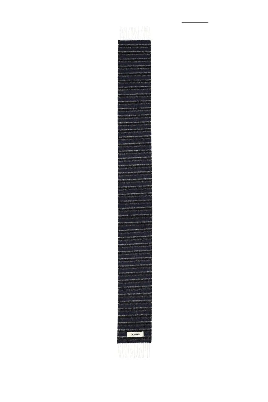 Jacquemus women’s rayures scarf blue in black textured fabric with subtle horizontal stripes and white fringe ends