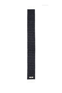 Jacquemus women’s rayures scarf blue in black textured fabric with subtle horizontal stripes and white fringe ends