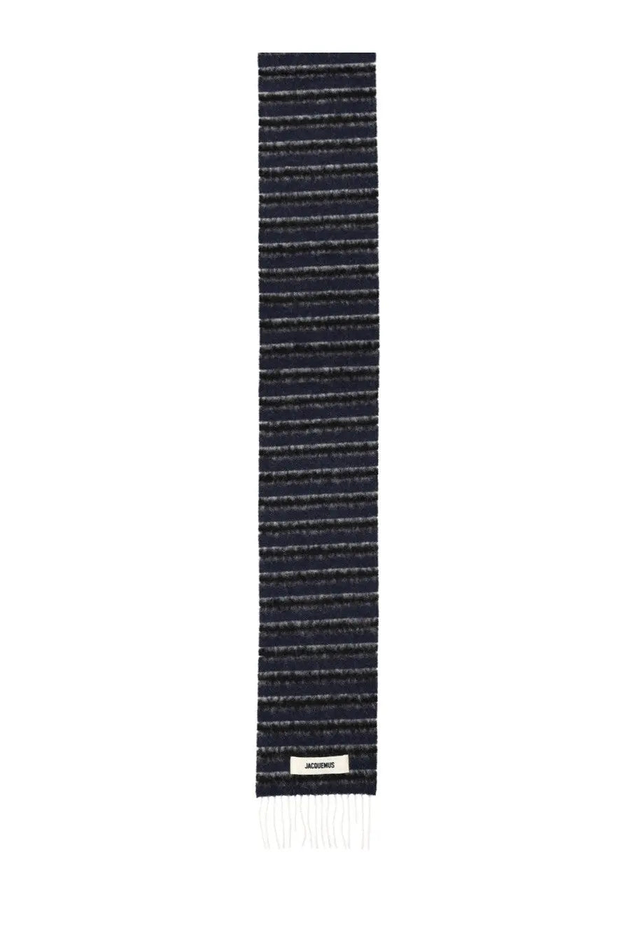 Jacquemus women’s rayures scarf in black textured fabric with subtle white stripes and fringed end with woven label