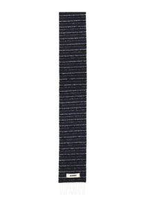 Jacquemus women’s rayures scarf in black textured fabric with subtle white stripes and fringed end with woven label