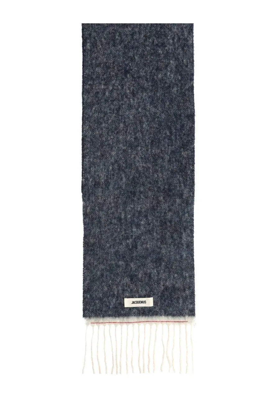 Jacquemus women’s wagon blue scarf dark gray textured wool with white fringe and jacquemus label at the bottom