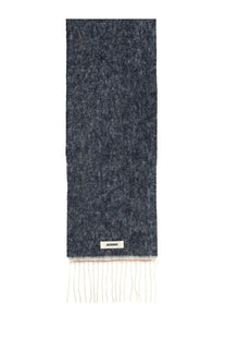 Jacquemus women’s wagon blue scarf dark gray textured wool with white fringe and jacquemus label at the bottom