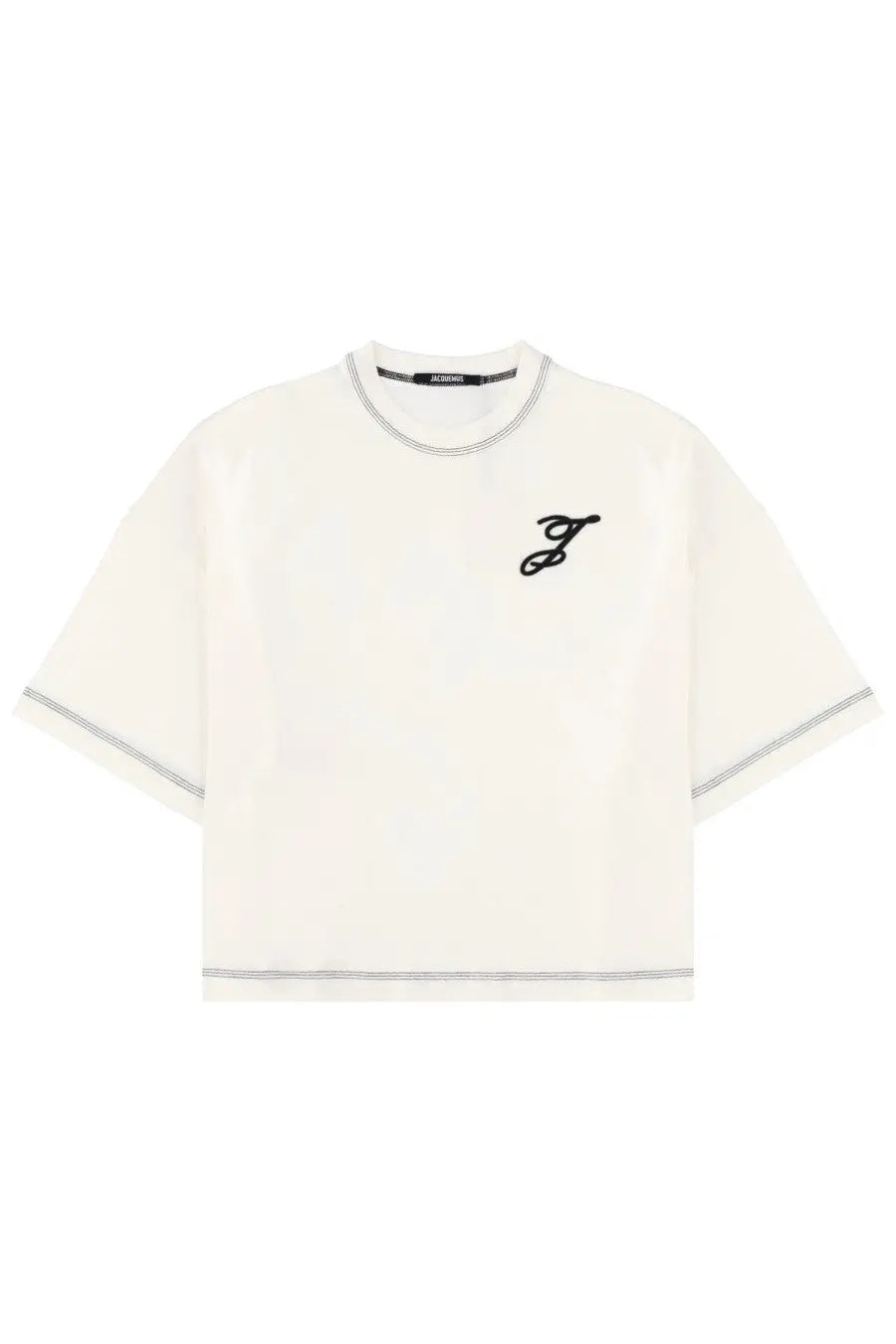 Off-white jacquemus women shirt letro cropped t-shirt with black embroidered logo and gray contrast stitching