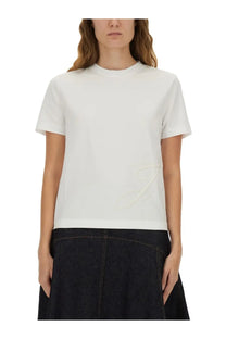 Jacquemus women’s white cotton t-shirt with subtle embroidered logo on the lower right side