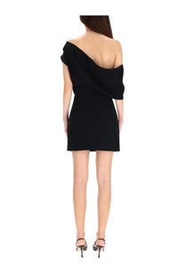 Jacquemus women’s black off-the-shoulder mini dress with draped fabric and tailored fit in short fish style