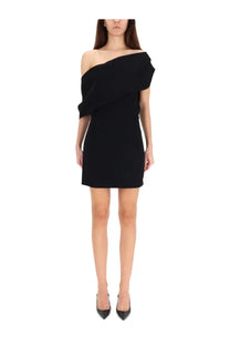 Jacquemus women’s black off-the-shoulder mini dress with draped asymmetrical design and short fish silhouette