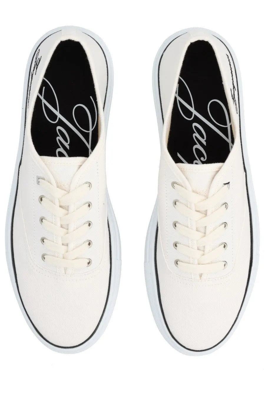 Jacquemus women’s sneaker é é white canvas sneakers with black piping and matching laces in a minimalist design