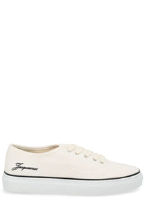 Jacquemus women’s sneaker É É white cream canvas low-top with black stitching and jacquemus logo embroidery