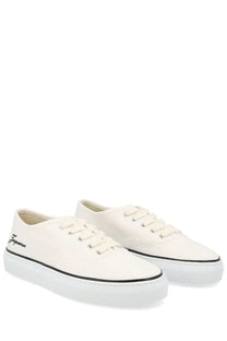 Jacquemus women’s cream canvas sneakers with black laces thin black sole stripe and ferragamo embroidery on side