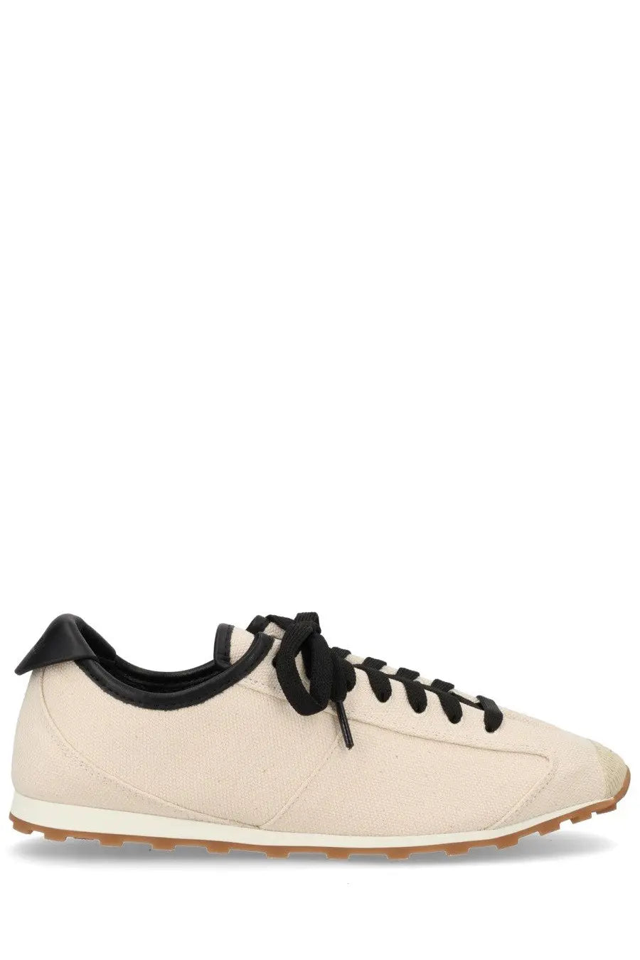 Jacquemus women’s sneaker tennis beige cream canvas low-top with black laces heel tab and gum rubber sole