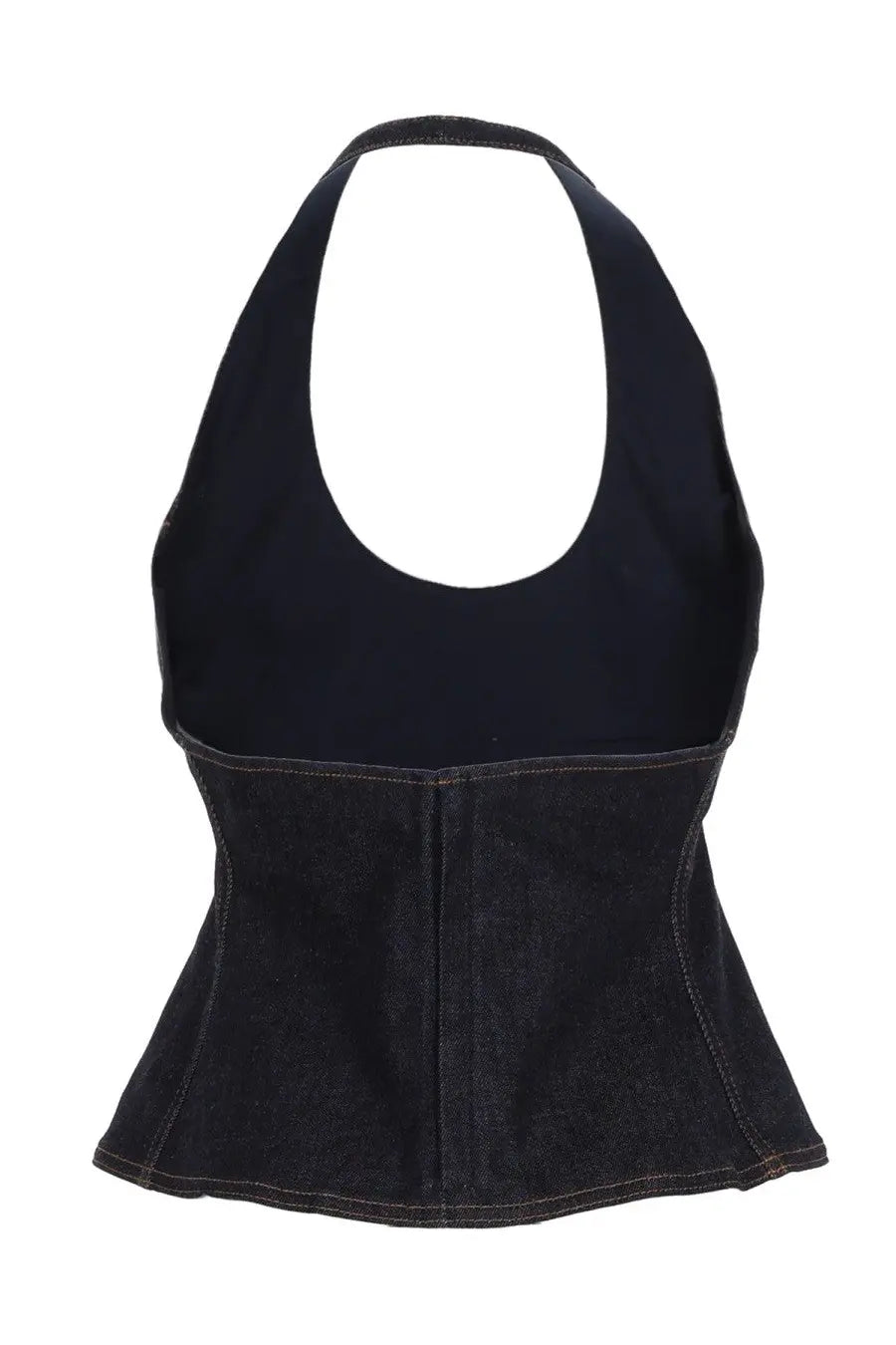 Black denim halter top with fitted corset waist and rounded neckline jacquemus women’s lavoir in denim blue