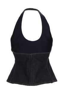Black denim halter top with fitted corset waist and rounded neckline jacquemus women’s lavoir in denim blue