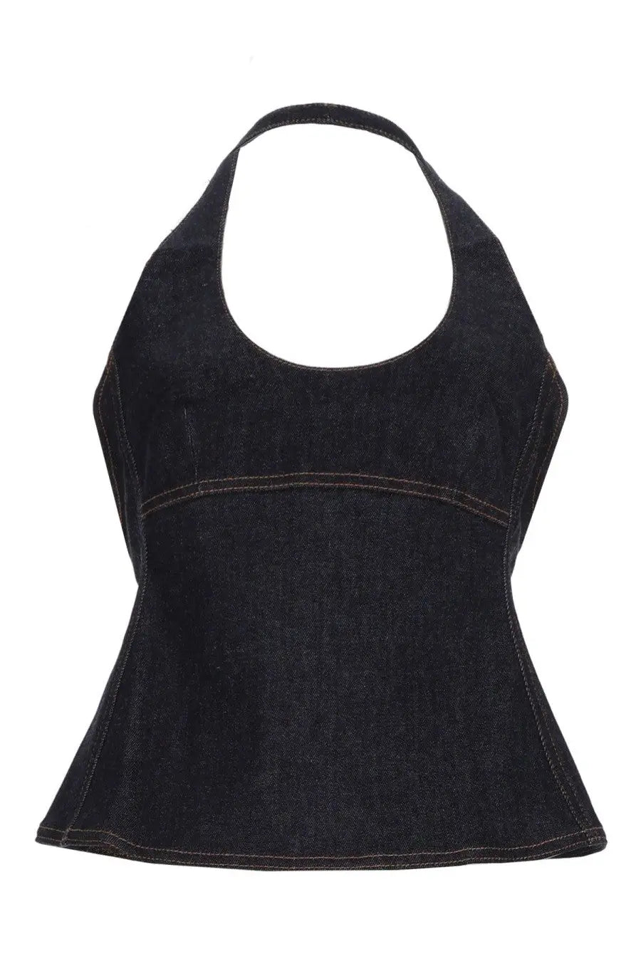 Jacquemus women’s black denim halter top with peplum hem and contrasting stitching in denim blue