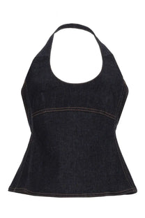 Jacquemus women’s black denim halter top with peplum hem and contrasting stitching in denim blue