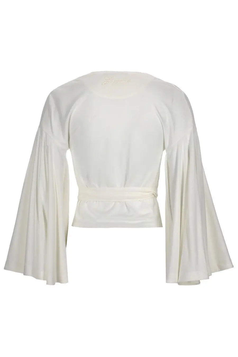 Jacquemus women’s ivory satin cropped jacket with flared bell sleeves and matching waist belt le cache coeur ventadou white