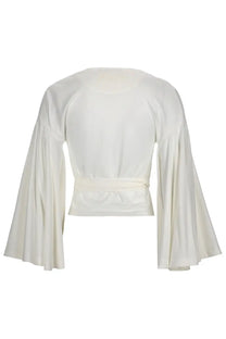 Jacquemus women’s ivory satin cropped jacket with flared bell sleeves and matching waist belt le cache coeur ventadou white