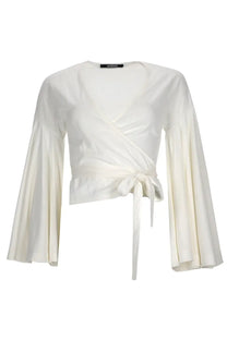 Jacquemus women’s white satin wrap top with long bell sleeves and tied waistband le cache coeur ventadou