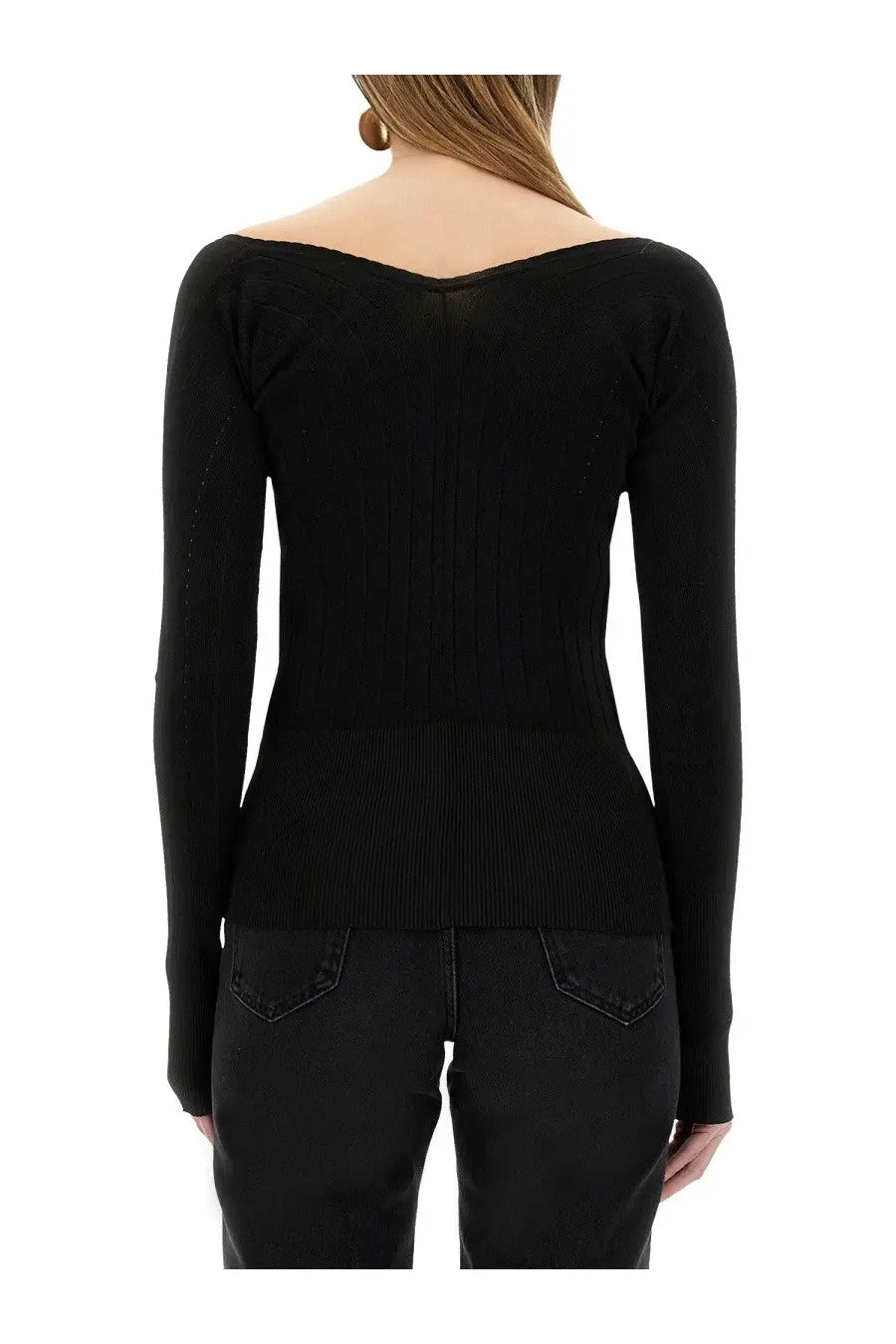Jacquemus women’s the top praluce black ribbed knit long-sleeve off-the-shoulder top in black