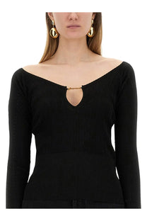 Jacquemus women’s the top praluce black ribbed knit sweater with keyhole neckline and gold chain detail