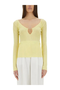 Jacquemus women’s the top praluce yellow pale yellow ribbed knit long-sleeved top with keyhole neckline and gold clasp