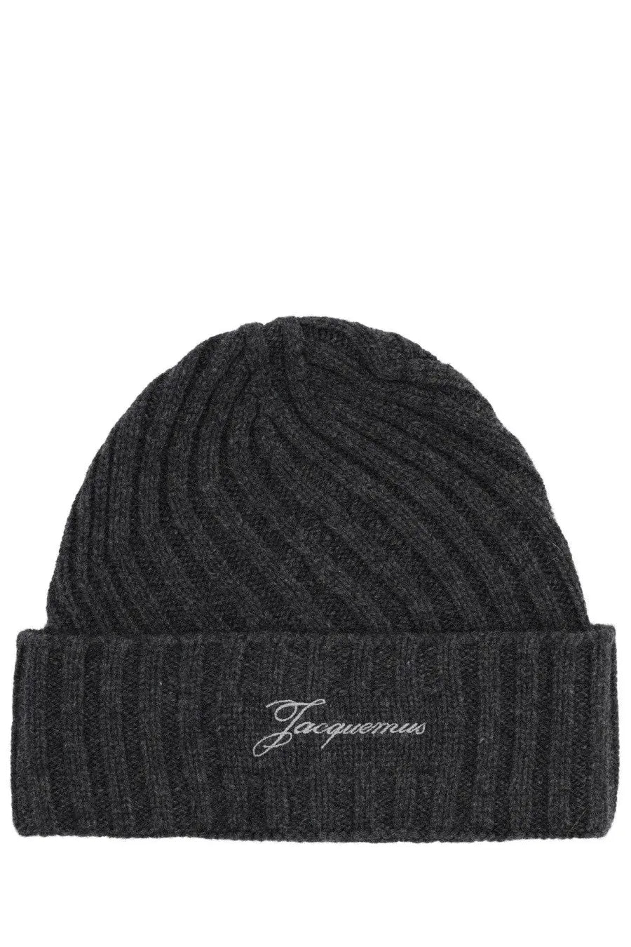 Dark gray ribbed knit beanie with folded cuff and jacquemus embroidered in silver thread for women