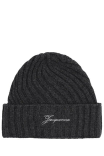 Dark gray ribbed knit beanie with folded cuff and jacquemus embroidered in silver thread for women