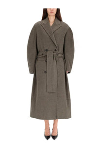 Jacquemus women’s trench coat dhomme curvio grey olive green wool with belted waist and double-breasted front