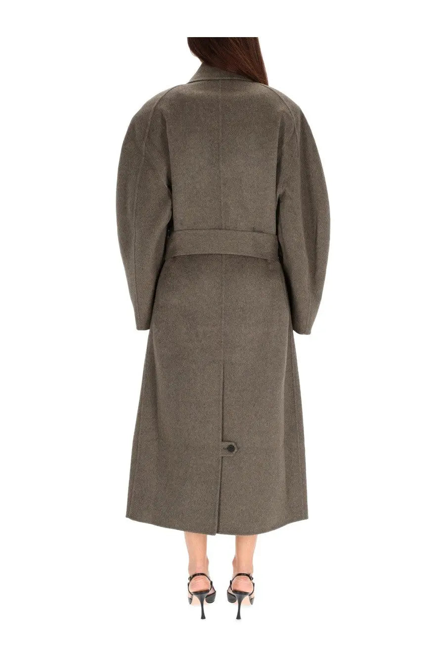 Jacquemus women’s trench coat dhomme curvio grey with a structured olive-green wool fabric and belted waist with voluminous sleeves