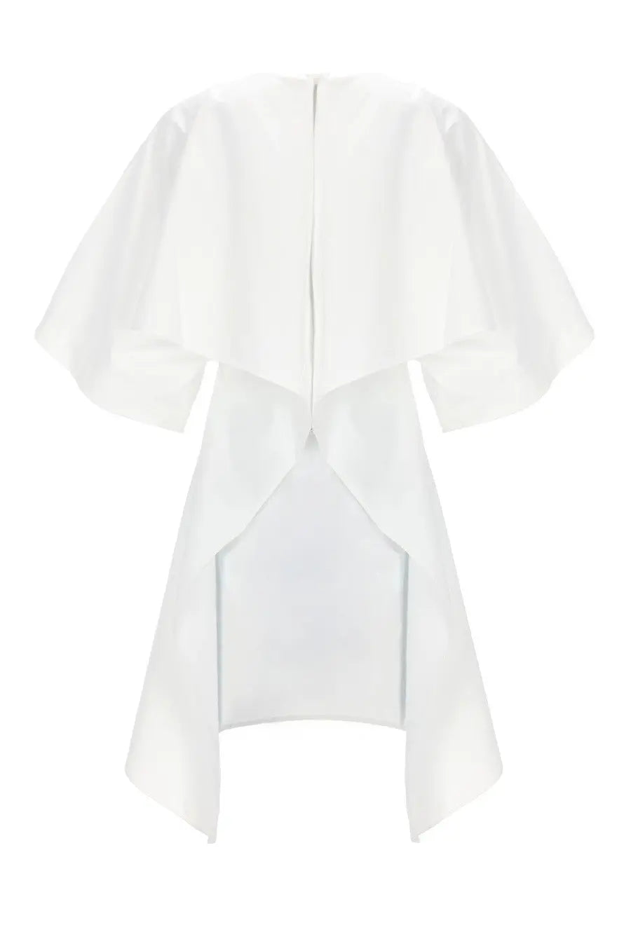 Back view of jacquemus women’s white flowing cape-style tunic moisson with central zipper and asymmetrical hemline