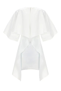 Back view of jacquemus women’s white flowing cape-style tunic moisson with central zipper and asymmetrical hemline